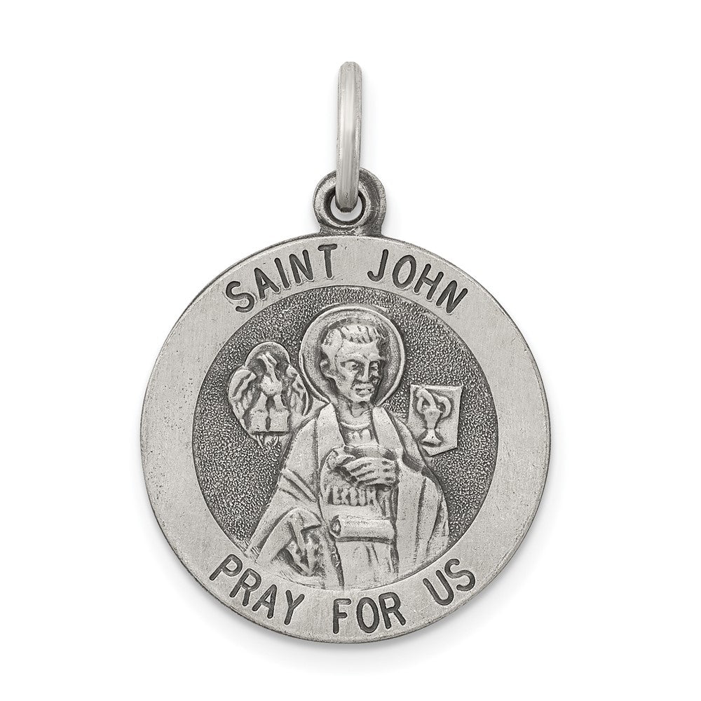 925 Sterling Silver Antiqued Saint John Medal Engravable Charm Pendant Jewelry Gifts (Length 0.98" Width 0.78")