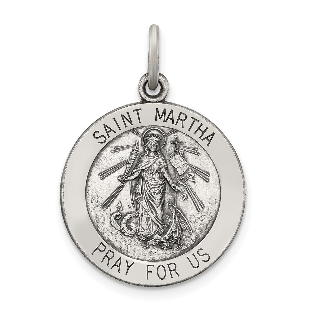 925 Sterling Silver Antiqued Saint Martha Medal Engravable Charm Pendant Jewelry Gifts (Length 0.98" Width 0.78")