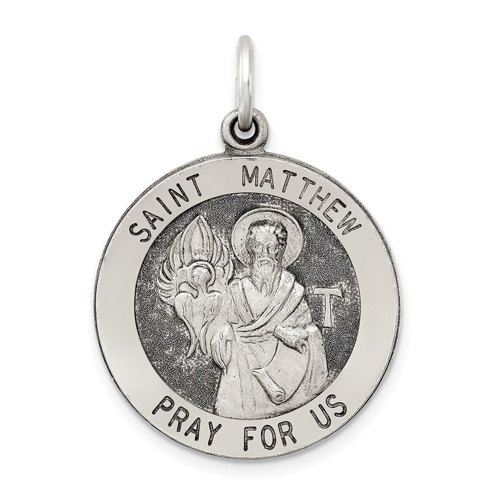 925 Sterling Silver Antiqued Saint Matthew Medal Engravable Charm Pendant Jewelry Gifts (Length 1.21" Width 0.82")
