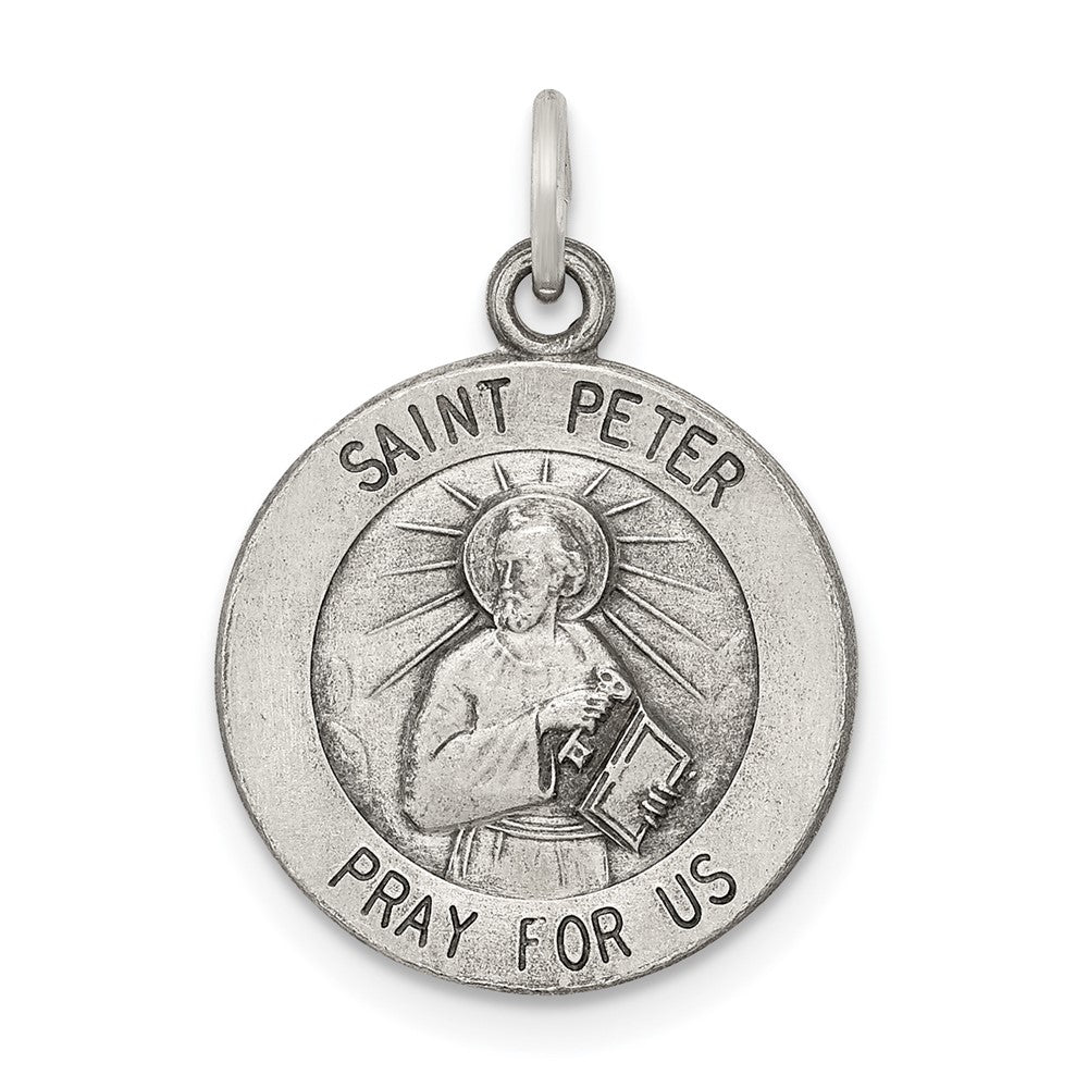 925 Sterling Silver Antiqued Saint Peter Medal Engravable Charm Pendant Jewelry Gifts (Length 0.78" Width 0.59")