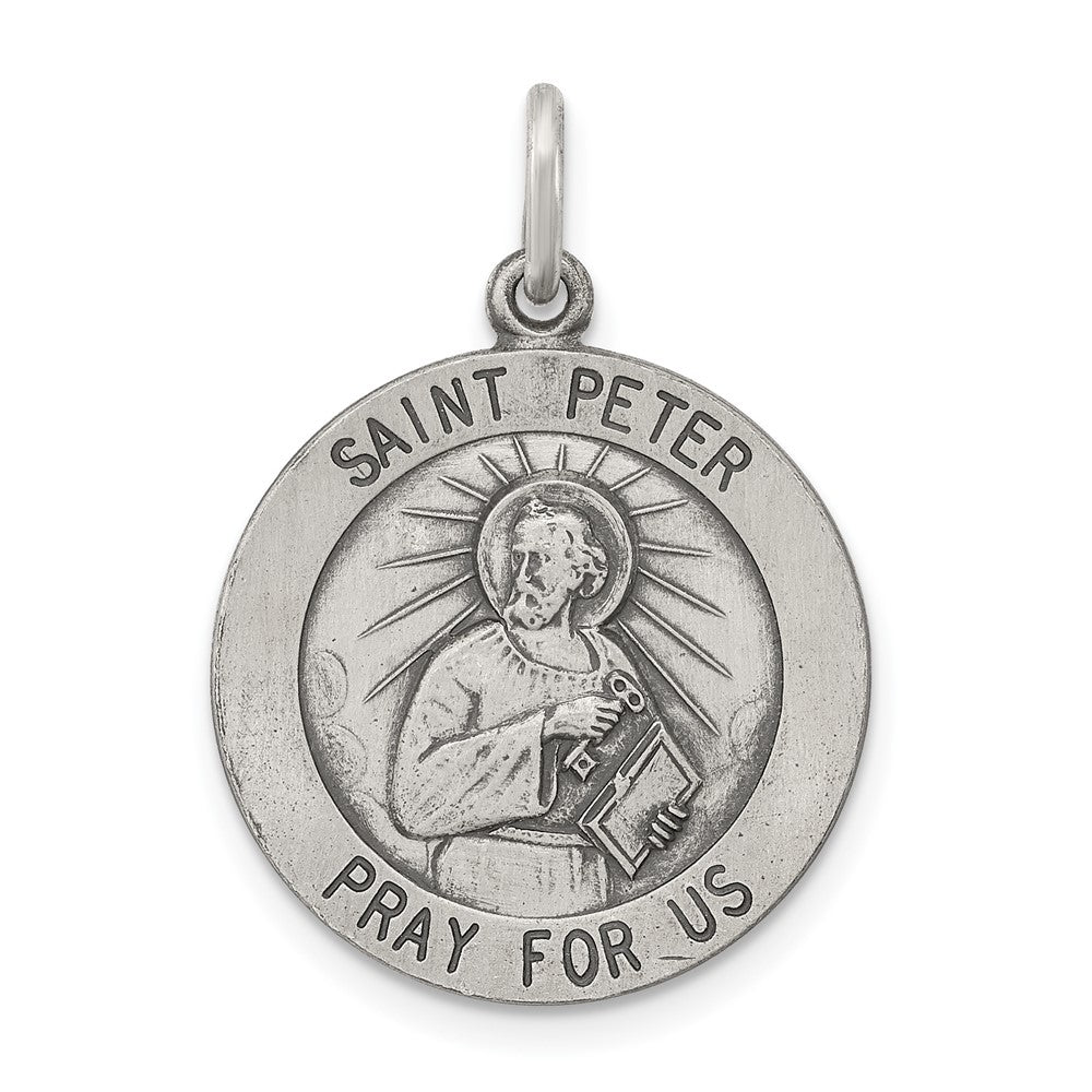 925 Sterling Silver Antiqued Saint Peter Medal Engravable Charm Pendant Jewelry Gifts (Length 0.98" Width 0.78")