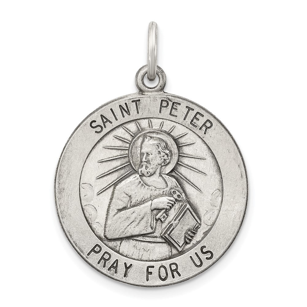 925 Sterling Silver Antiqued Saint Peter Medal Engravable Charm Pendant Jewelry Gifts (Length 1.21" Width 0.82")