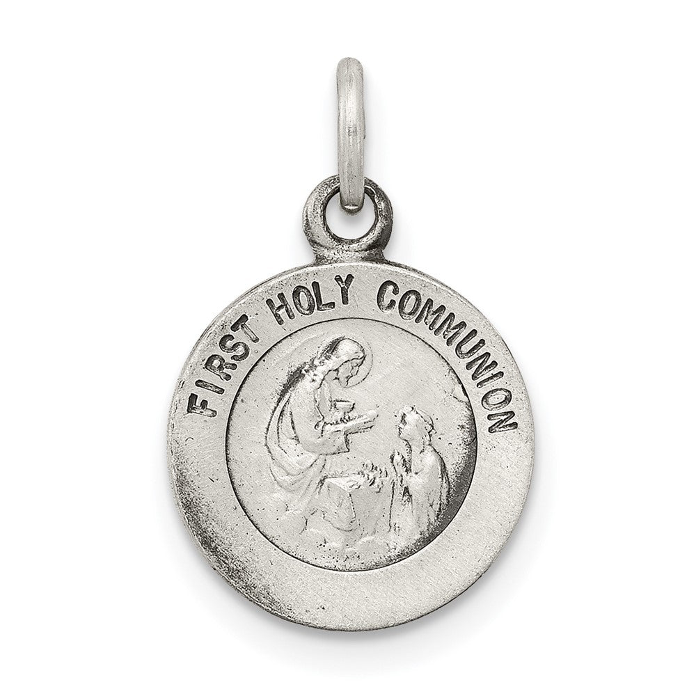 925 Sterling Silver Antiqued First Holy Communion Medal Engravable Charm Pendant Jewelry Gifts (Length 0.62" Width 0.47")