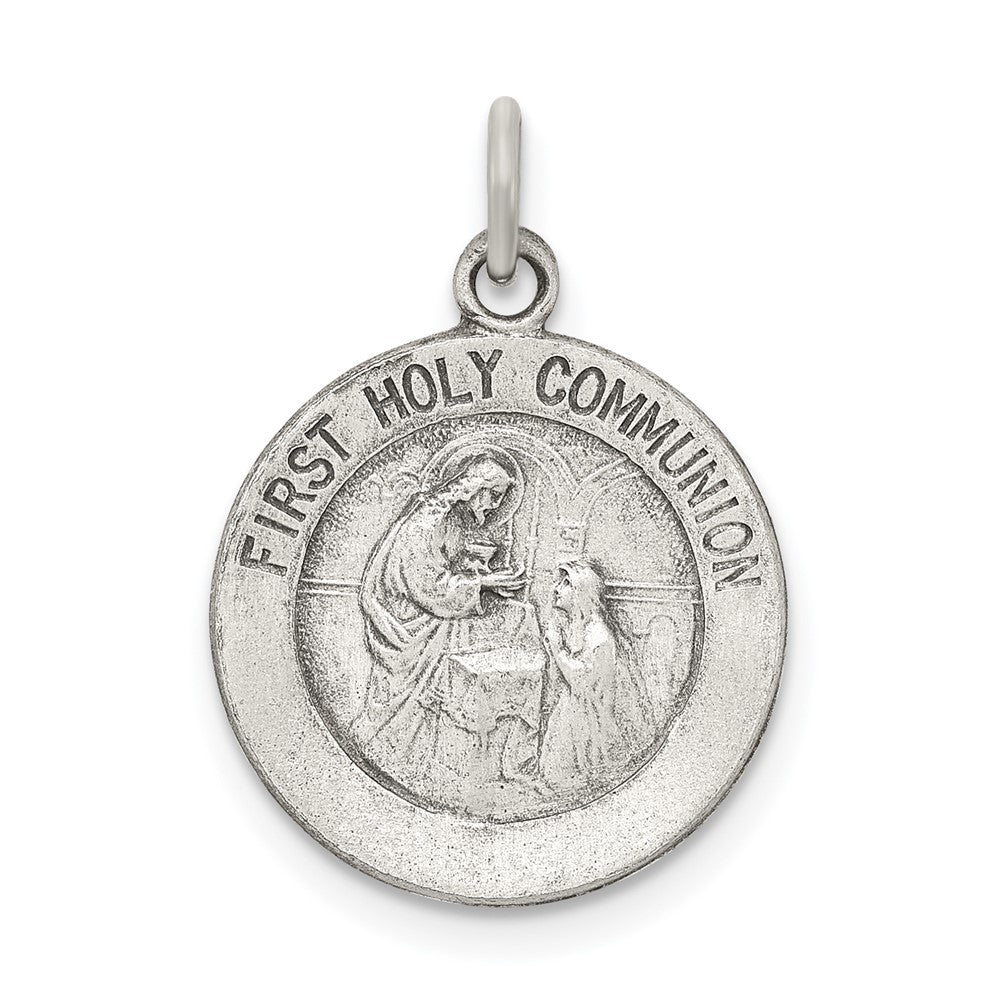 925 Sterling Silver Antiqued First Holy Communion Medal Engravable Charm Pendant Jewelry Gifts (Length 0.78" Width 0.59")