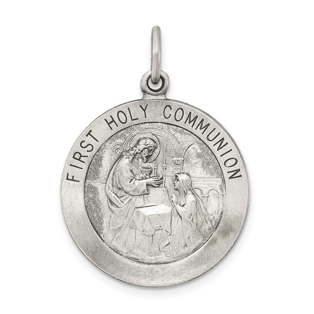 925 Sterling Silver Antiqued First Holy Communion Medal Engravable Charm Pendant Jewelry Gifts (Length 1.17" Width 0.86")