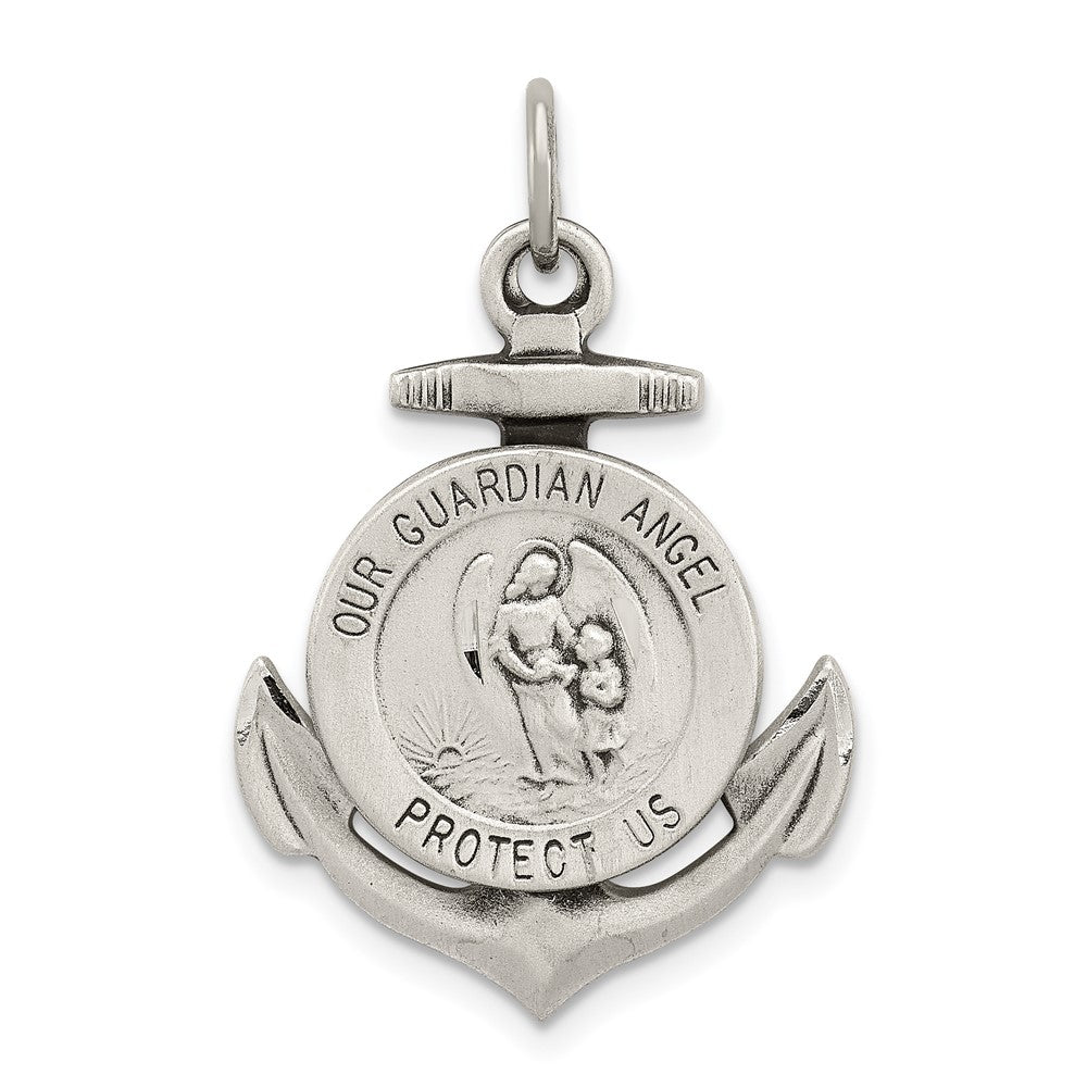 925 Sterling Silver Antiqued Guardian Angel on Anchor Medal Engravable Charm Pendant Jewelry Gifts (Length 1.29" Width 0.78")