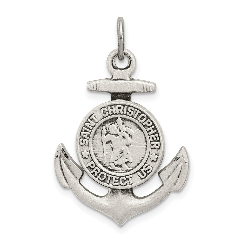925 Sterling Silver Antiqued Satin St Christopher Anchor Medal Engravable Charm Pendant Jewelry Gifts (Length 1.29" Width 0.78")