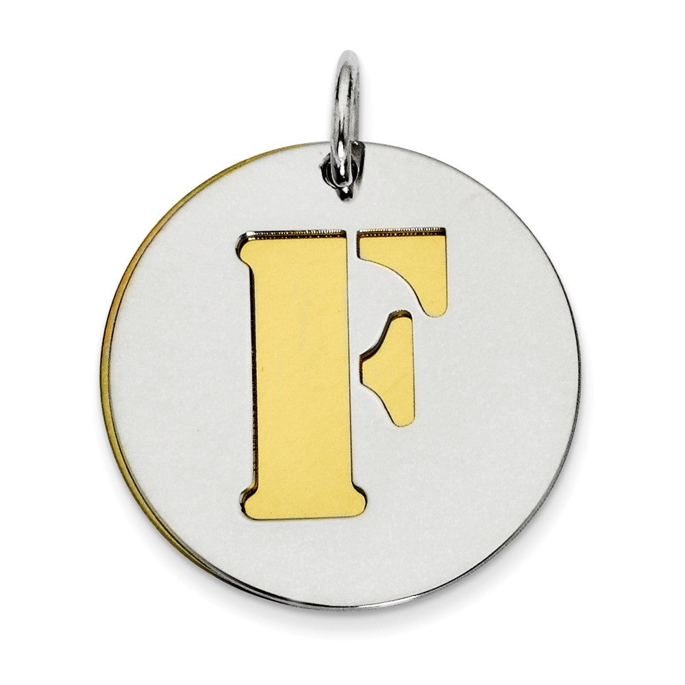 925 Sterling Silver Gold Plated Initial F Double Plate Round Engravable Charm Pendant Jewelry Gifts (Length 0.98" Width 0.78")