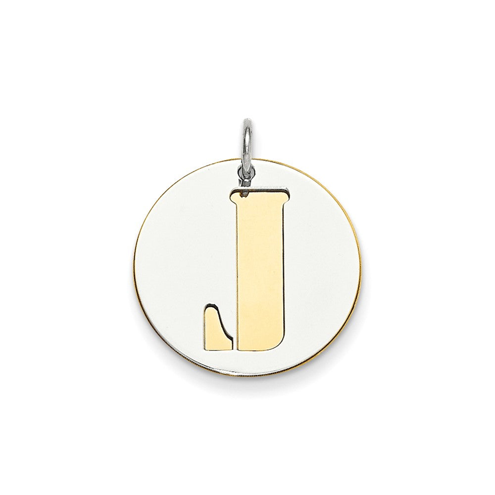 925 Sterling Silver Gold Plated Initial J Double Plate Round Engravable Charm Pendant Jewelry Gifts (Length 0.98" Width 0.78")