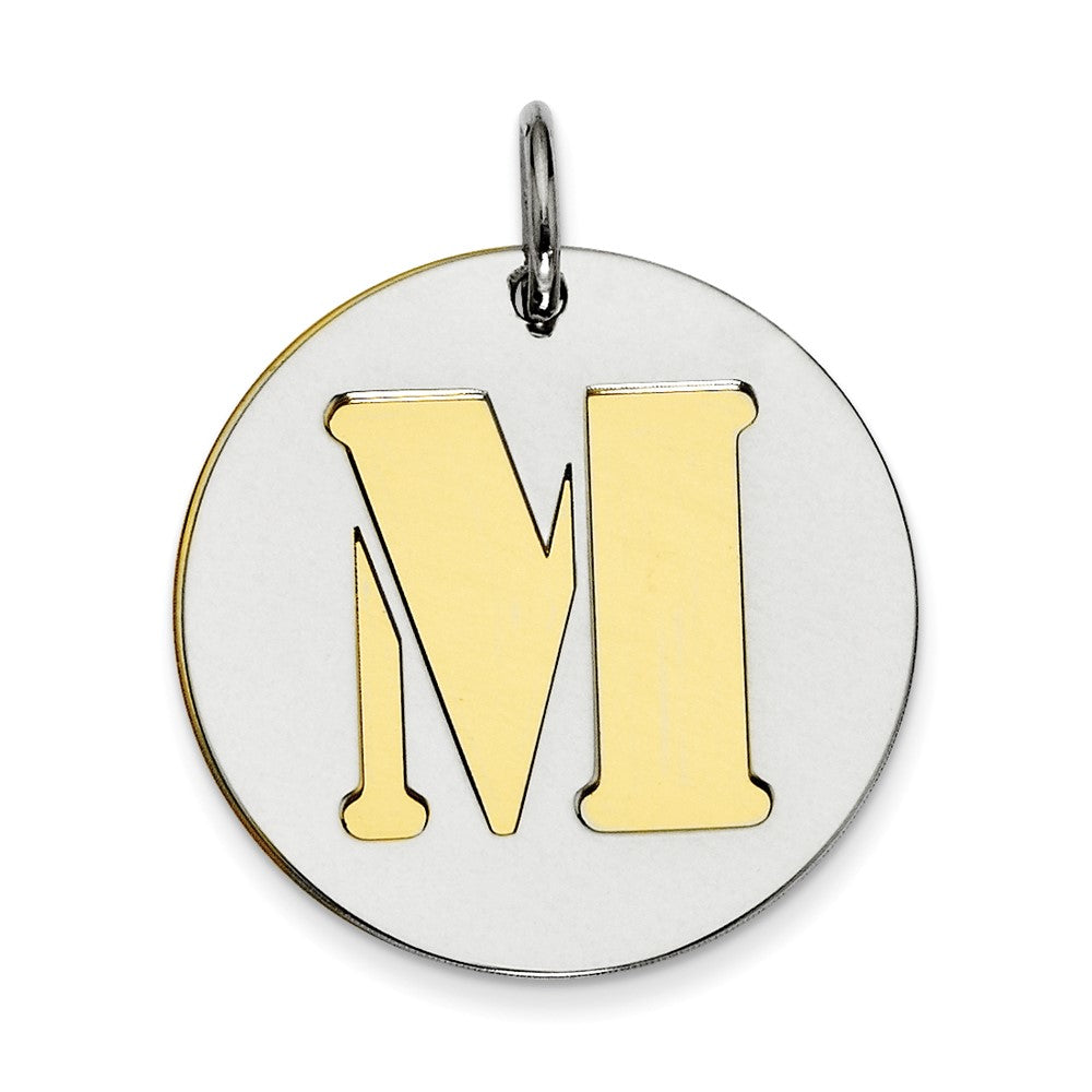 925 Sterling Silver Gold Plated Initial M Double Plate Round Engravable Charm Pendant Jewelry Gifts (Length 0.98" Width 0.78")