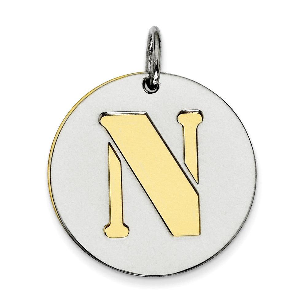 925 Sterling Silver Gold Plated Initial N Double Plate Round Engravable Charm Pendant Jewelry Gifts (Length 0.98" Width 0.78")