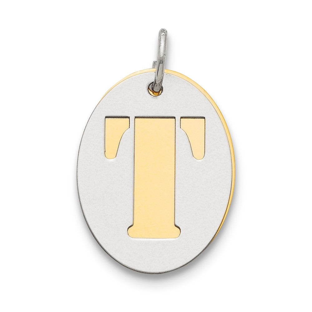 925 Sterling Silver Gold Plated Initial T Double Plate Oval Engravable Charm Pendant Jewelry Gifts (Length 0.94" Width 0.62")