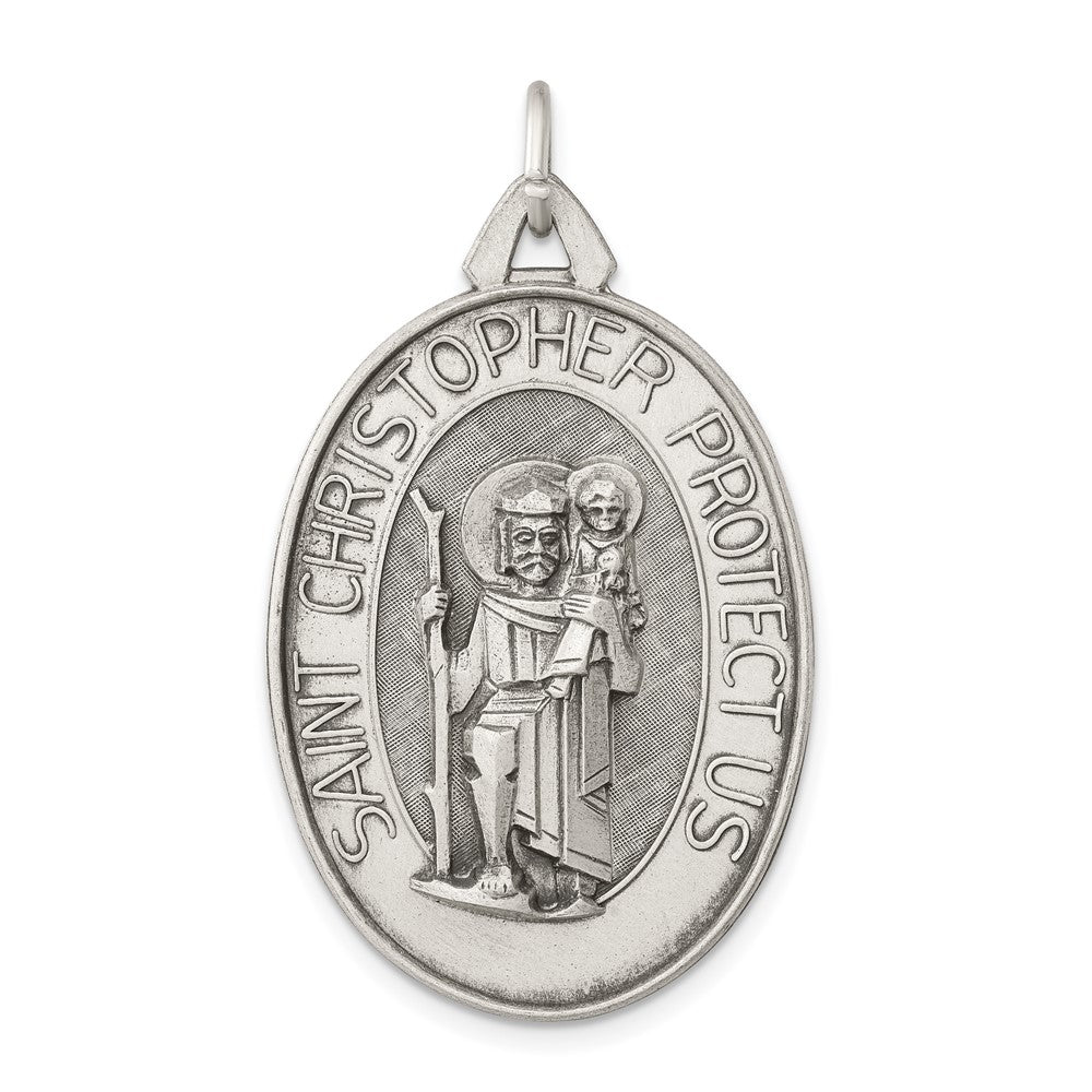 925 Sterling Silver Antiqued Satin St. Christopher Medal Engravable Charm Pendant Jewelry Gifts (Length 1.55" Width 0.89")