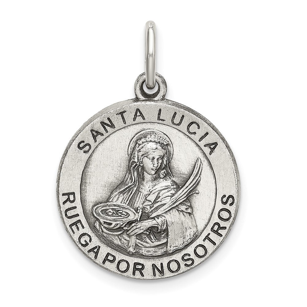 925 Sterling Silver Satin Antiqued Spanish St. Lucy Medal Engravable Charm Pendant Jewelry Gifts (Length 1.09" Width 0.74")