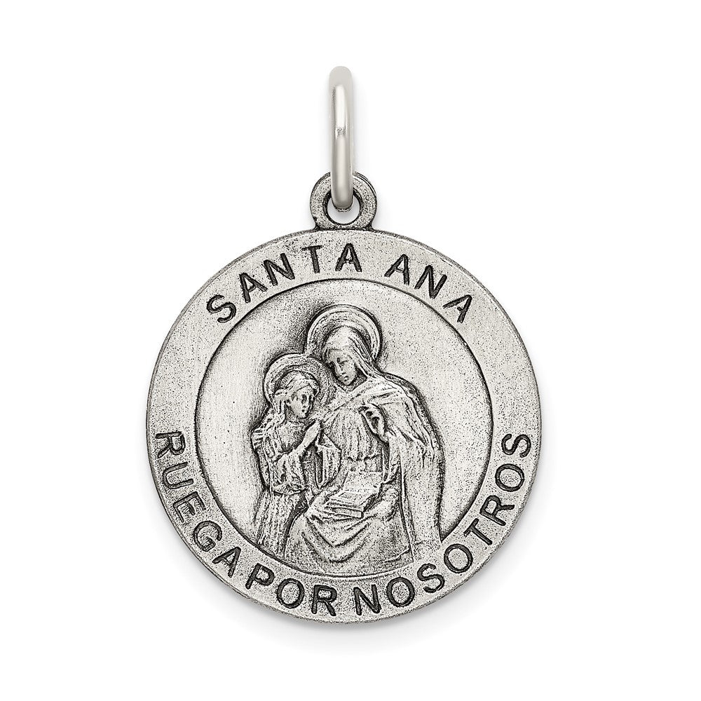 925 Sterling Silver Satin Antiqued Saint Anne Medal Engravable Charm Pendant Jewelry Gifts (Length 1.09" Width 0.74")