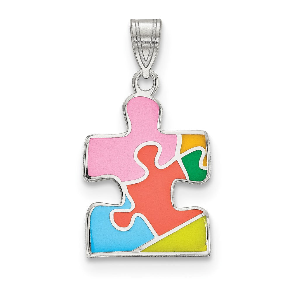 925 Sterling Silver Enameled Autism Puzzle Piece Engravable Charm Pendant Jewelry Gifts (Length 1.11" Width 0.59")