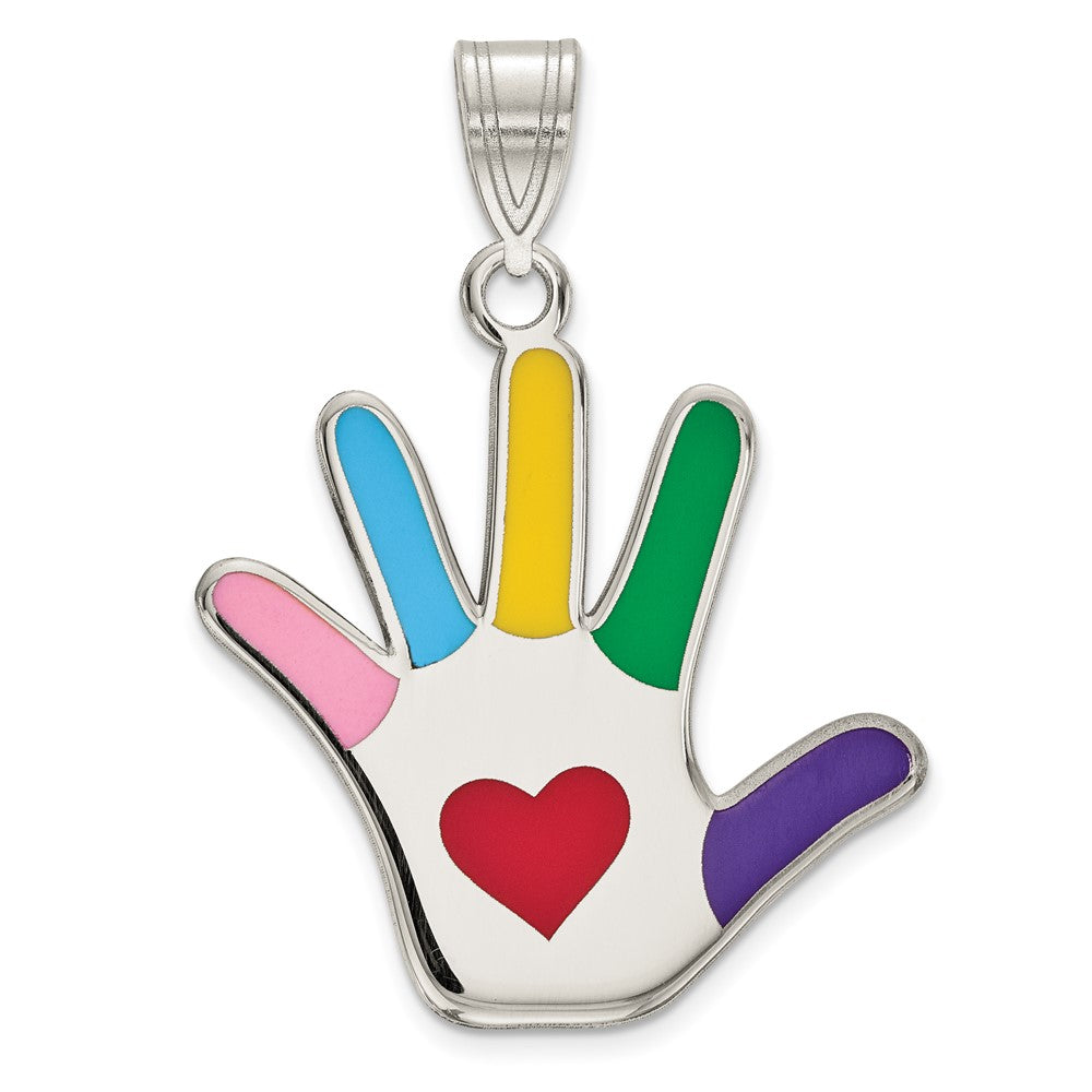 925 Sterling Silver Enamel Autism with Heart HandprintEngravable Charm Pendant Jewelry Gifts (Length 1.17" Width 0.78")