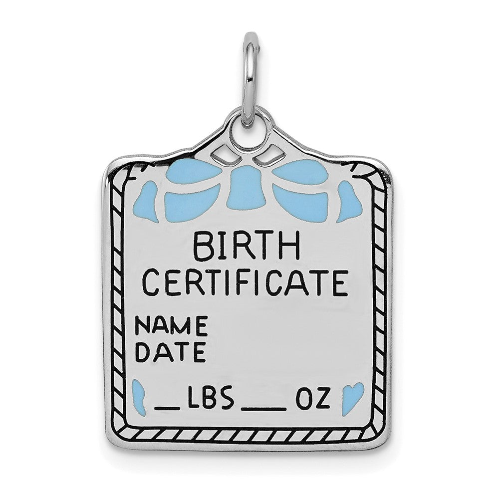 925 Sterling Silver Blue Birth Certificate Polished Front Satin Back Engravable Charm Pendant Jewelry Gifts (Length 0.98" Width 0.66")