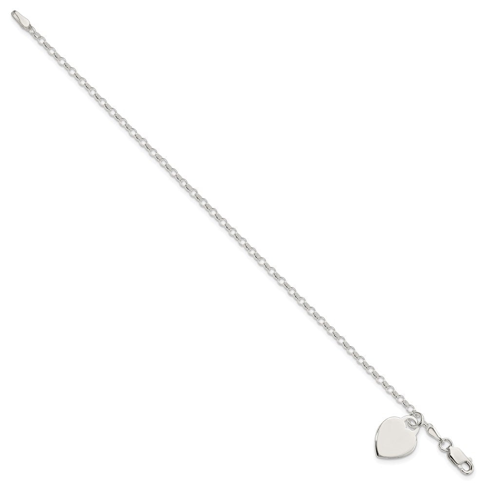 Polished Engravable 925 Sterling Silver Heart Charm Bracelet Length 7.25 inches Width 12 mm With Lobster Claw Clasp