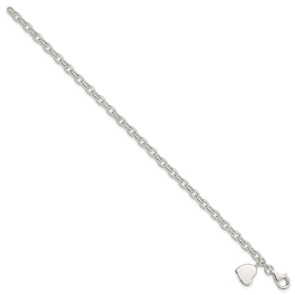 Polished Engravable 925 Sterling Silver Oval Rolo with Heart Bracelet Length 7 inches Width 10 mm With Lobster Claw Clasp