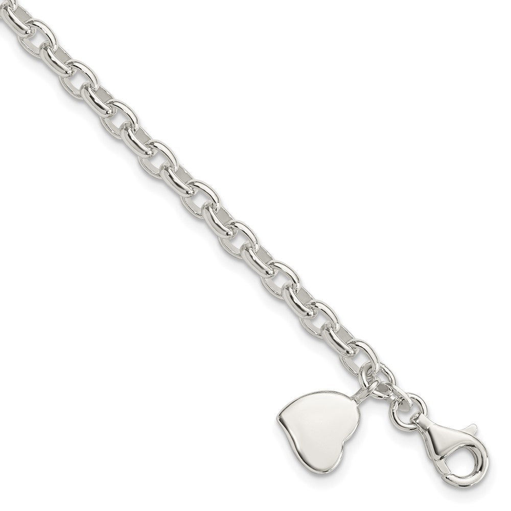 Polished Engravable 925 Sterling Silver Oval Rolo with Heart Bracelet Length 7 inches Width 10 mm With Lobster Claw Clasp