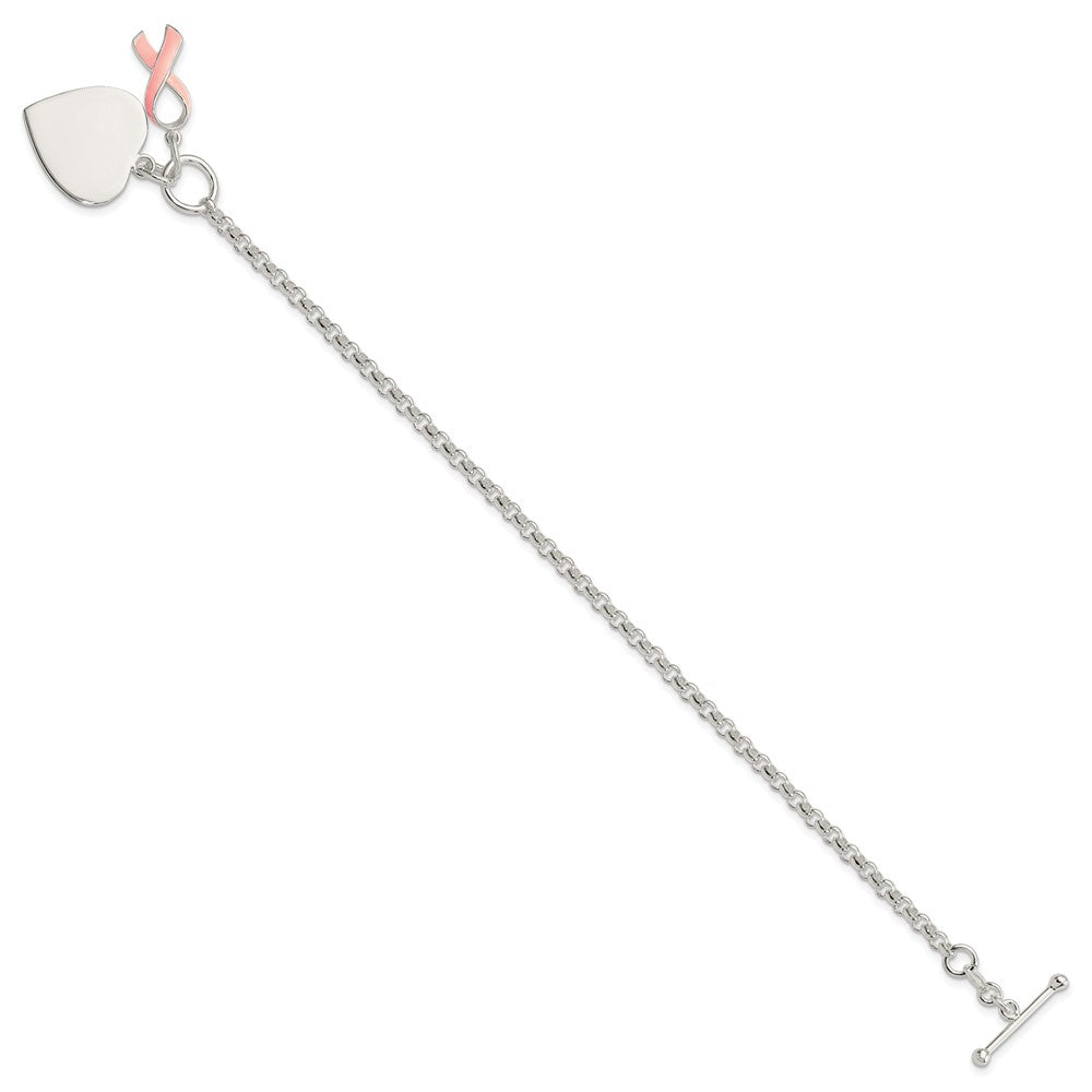 Polished Engravable 925 Sterling Silver Fancy Heart with Pink Ribbon Bracelet Length 7.5 inches Width 20 mm With Hidden Safety Clasp