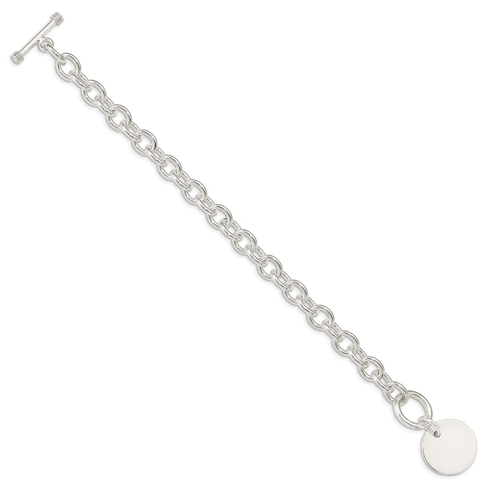Polished Engravable 925 Sterling Silver Circular Disc on Fancy Link Bracelet Length 7.5 inches Width 20 mm With Hidden Safety Clasp