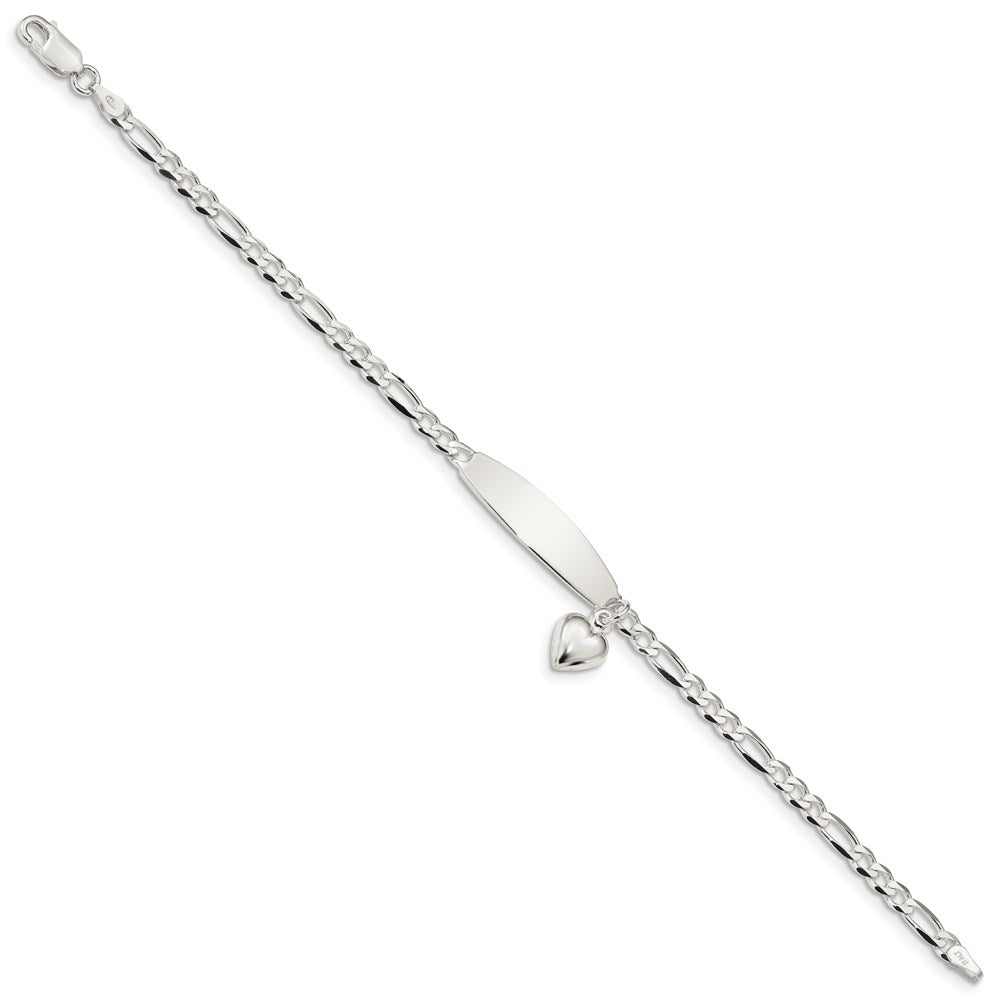 Engravable 925 Sterling Silver Polished Figaro ID Heart Dangle Bracelet Length 7.5 inches Width 4 mm With Lobster Claw Clasp