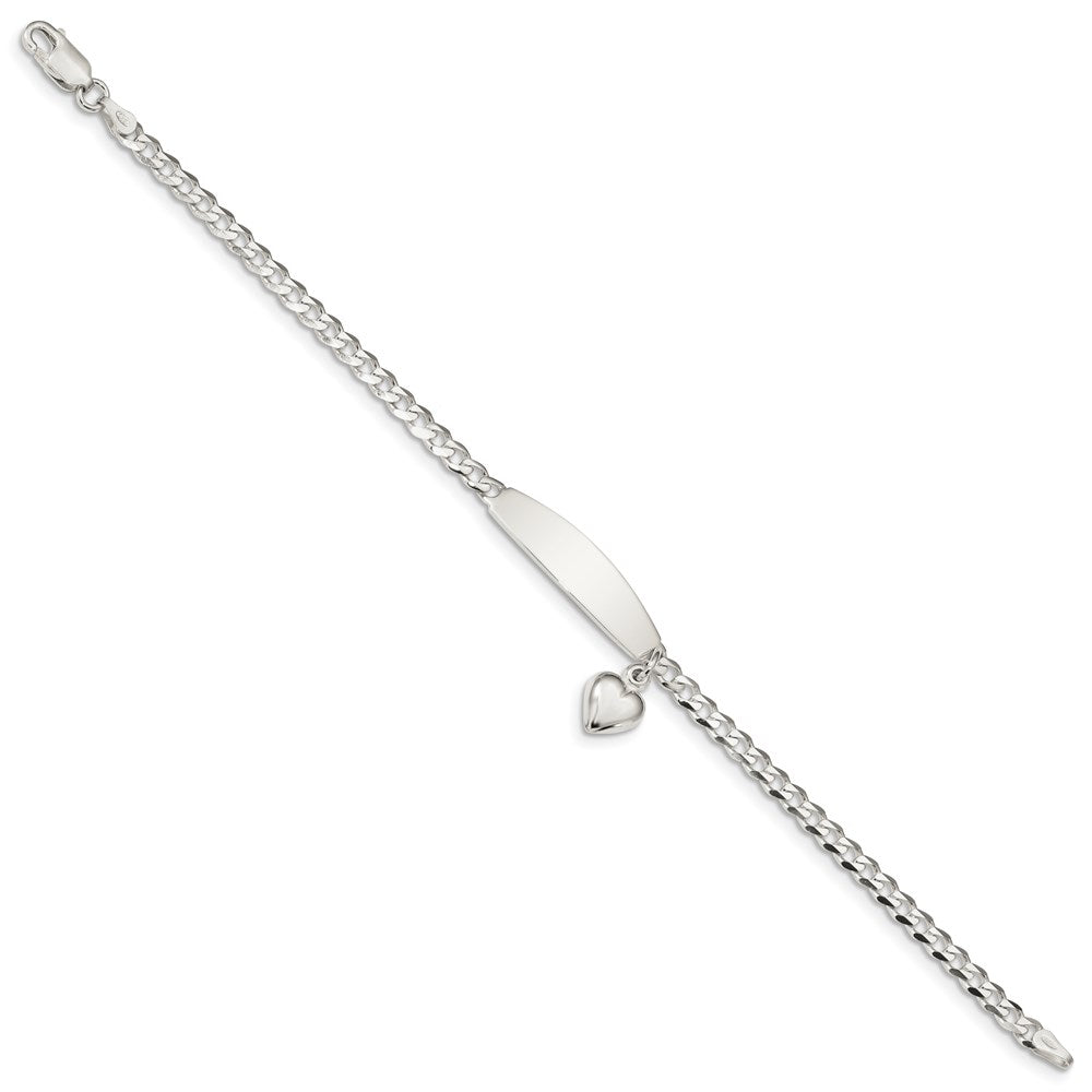Engravable 925 Sterling Silver Polished Curb Link ID Heart Dangle Bracelet Length 7.5 inches Width 3.5 mm With Lobster Claw Clasp