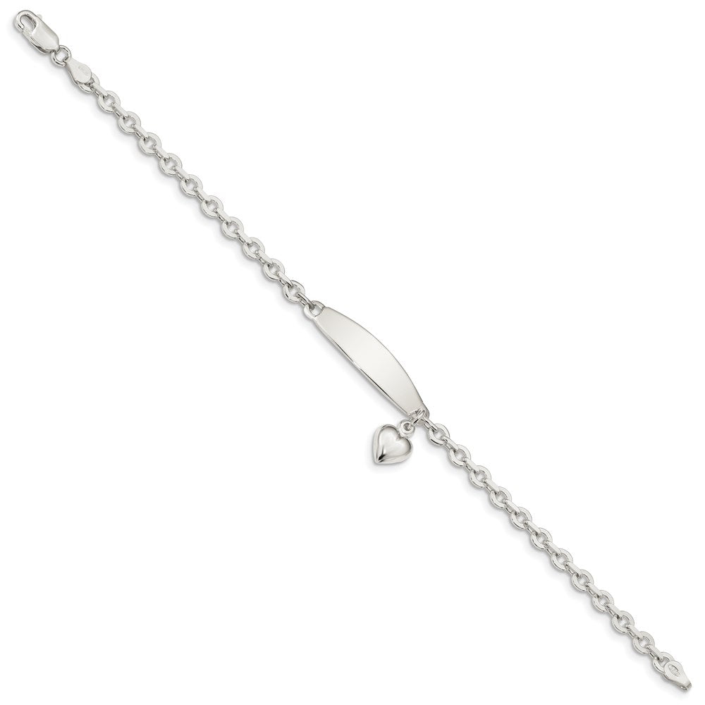 Engravable 925 Sterling Silver Polished Rolo Link ID Heart Dangle Bracelet Length 7.5 inches Width 4 mm With Lobster Claw Clasp