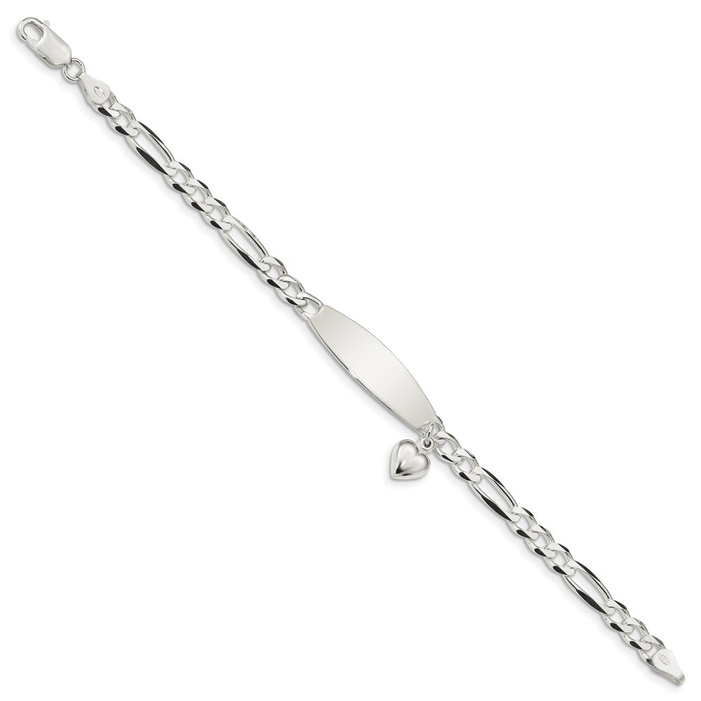 Engravable 925 Sterling Silver Polished Figaro ID Heart Dangle Bracelet Length 7.5 inches Width 5.25 mm With Lobster Claw Clasp