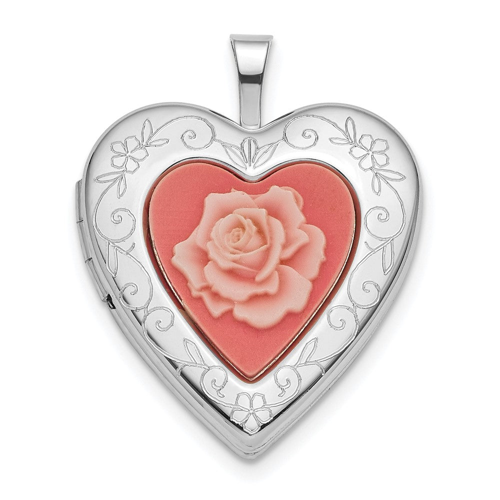 925 Sterling Silver 20mm Pink Resin Rose Cameo Heart Locket Engravable Charm Pendant Jewelry Gifts (Length 0.98" Width 0.76")