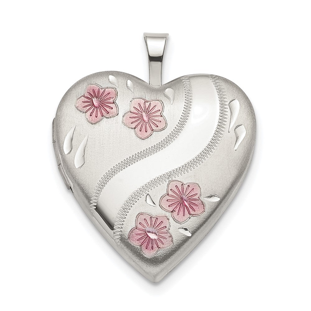 925 Sterling Silver 20mm Pink Enamel Flower Heart Locket Engravable Charm Pendant Jewelry Gifts (Length 0.98" Width 0.76")