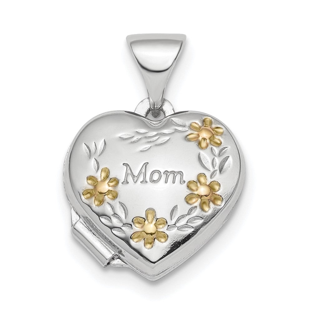 925 Sterling Silver Gold tone Floral Mom Heart Locket Engravable Charm Pendant Jewelry Gifts (Length 0.69" Width 0.48")