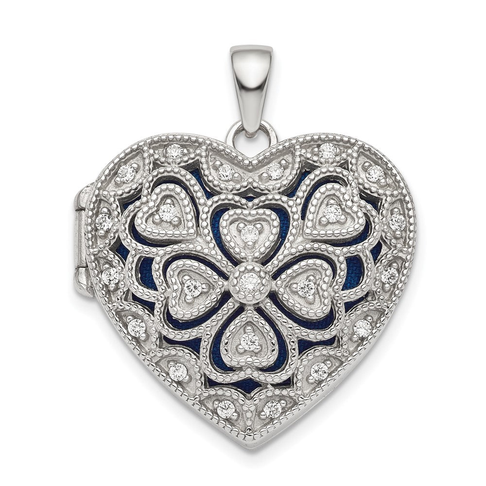 925 Sterling Silver Fancy CZ Heart Locket Engravable Charm Pendant Jewelry Gifts (Length 1.2" Width 0.95")