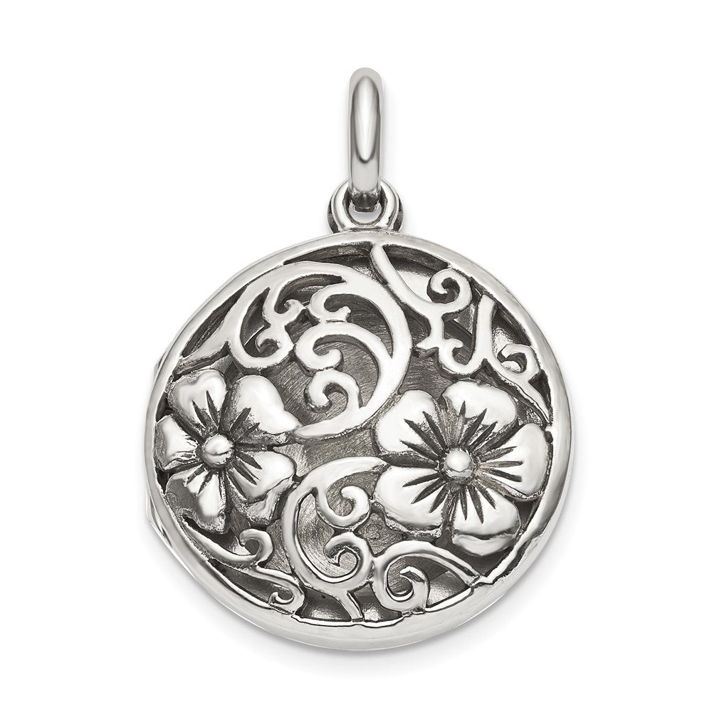 925 Sterling Silver Antiqued Filigree Floral Top 21mm Locket Engravable Charm Pendant Jewelry Gifts (Length 1.15" Width 0.82")