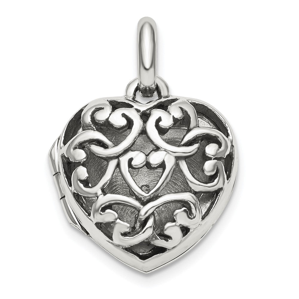 925 Sterling Silver Antiqued Filigree Top Polished Back 16mm Heart Locket Engravable Charm Pendant Jewelry Gifts (Length 0.89" Width 0.62")