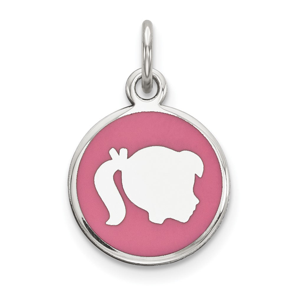925 Sterling Silver Pink Enamel Right Facing Girl Head Disc Engravable Charm Pendant Jewelry Gifts (Length 0.78" Width 0.47")