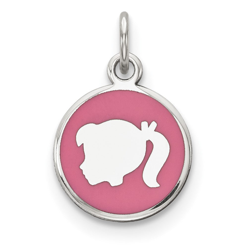 925 Sterling Silver Pink Enamel Left Facing Girl Head Disc Engravable Charm Pendant Jewelry Gifts (Length 0.78" Width 0.47")