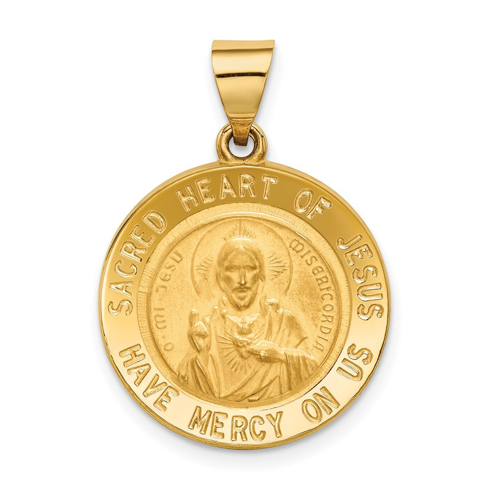 14k Yellow Gold Sacred Heart of Jesus Medal Hollow Round Engravable Charm Pendant Jewelry Gifts (Length 1.01" Width 0.74")