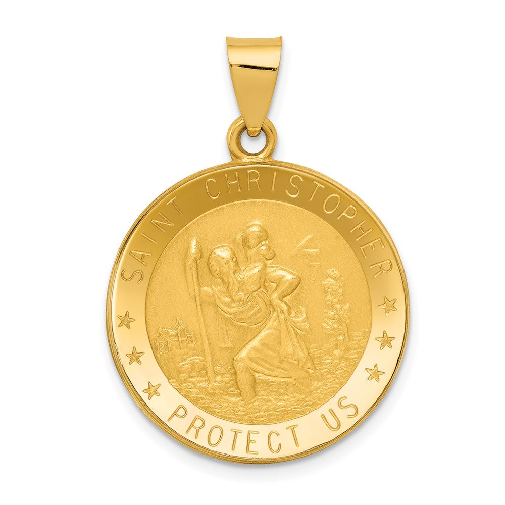 14k Yellow Gold Saint Christopher Medal Hollow Engravable Charm Pendant Jewelry Gifts (Length 1.25" Width 0.89")