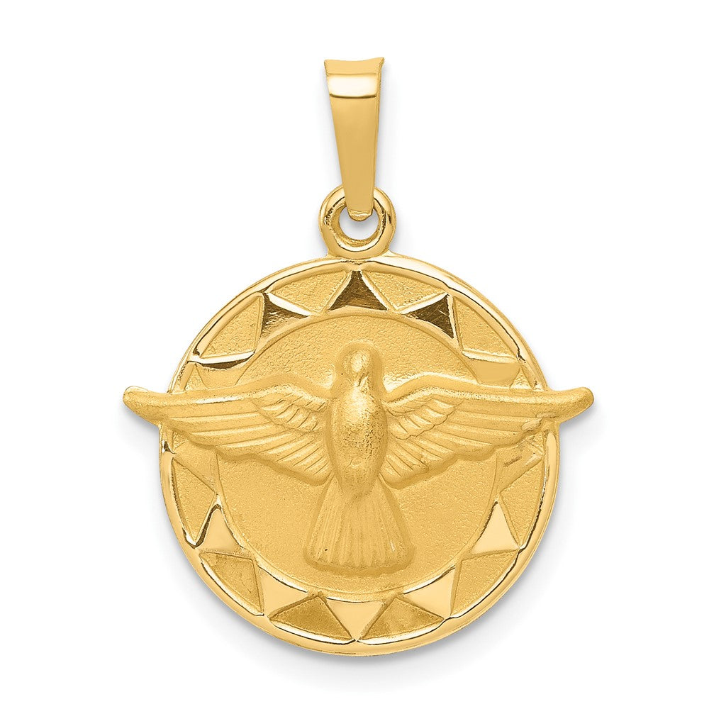 14k Yellow Gold Holy Spirit Medal Hollow Round Engravable Charm Pendant Jewelry Gifts (Length 0.94" Width 0.7")