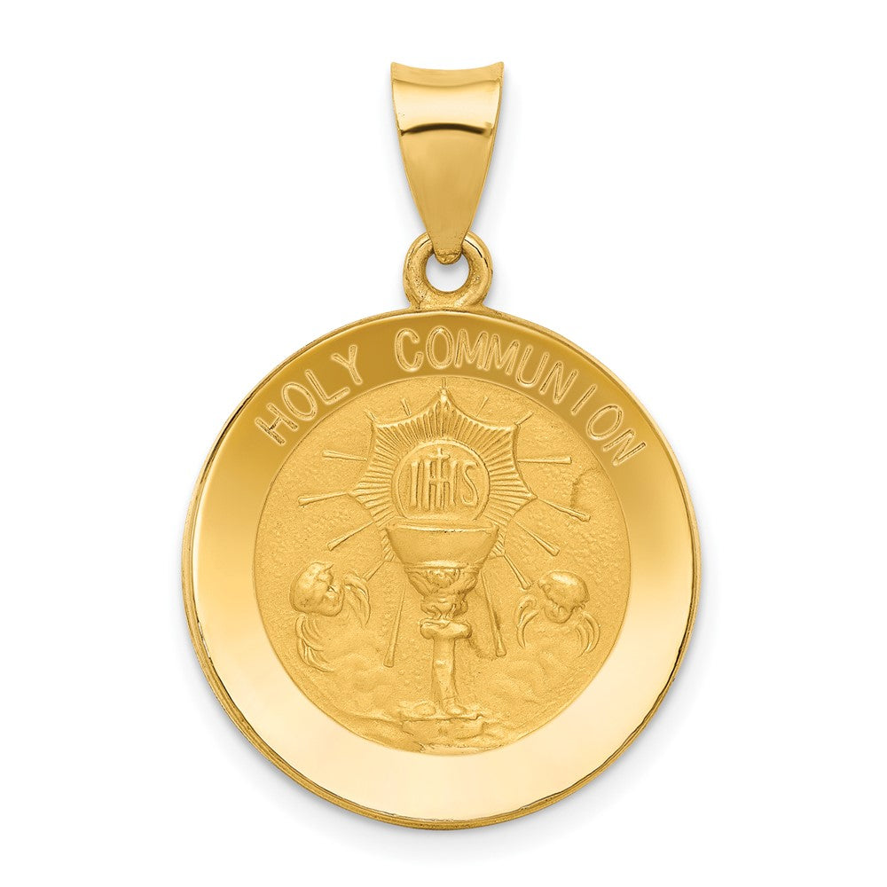 14k Yellow Gold Holy Communion Medal Hollow Engravable Charm Pendant Jewelry Gifts (Length 1.01" Width 0.74")