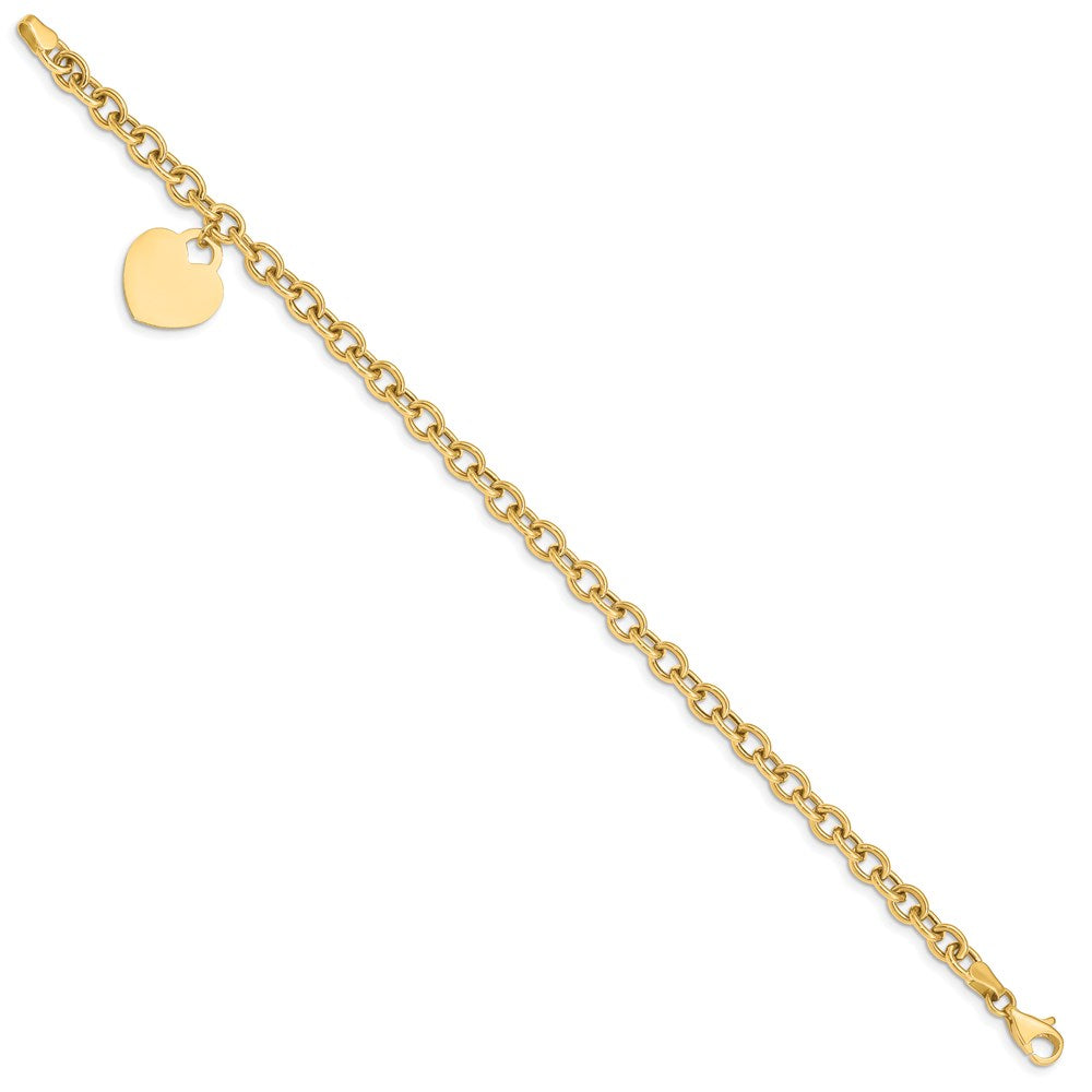 Polished Engravable 14K Yellow Gold Heart Charm Hollow Bracelet Length 7.25 inches Width 15 mm With Lobster Claw Clasp