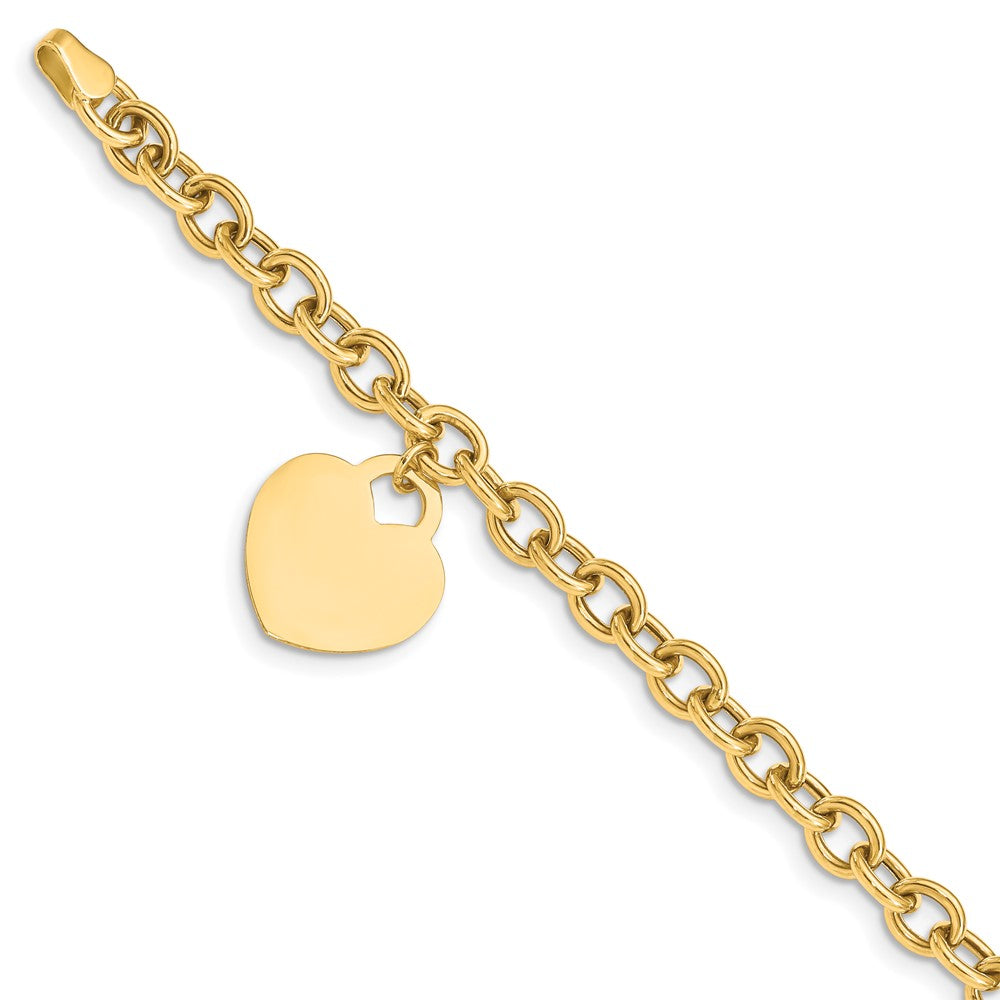 Polished Engravable 14K Yellow Gold Heart Charm Hollow Bracelet Length 7.25 inches Width 15 mm With Lobster Claw Clasp