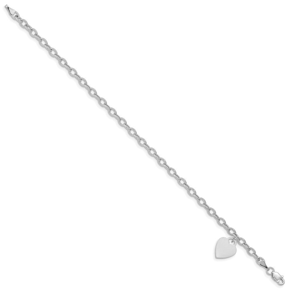 Polished Engravable 14K White Gold Dangle Heart Bracelet Length 7.5 inches Width 10.5 mm With Lobster Claw Clasp