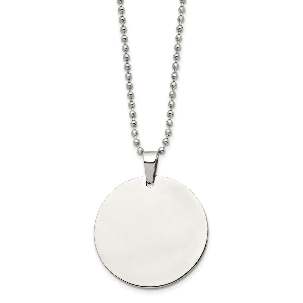 Stainless Steel Brushed and Polished Reversible Round 2mm Dog Tag on a 24 inch Ball Chain Necklace Engravable Charm Pendant Jewelry Gifts (Length 24" Width 1.48")