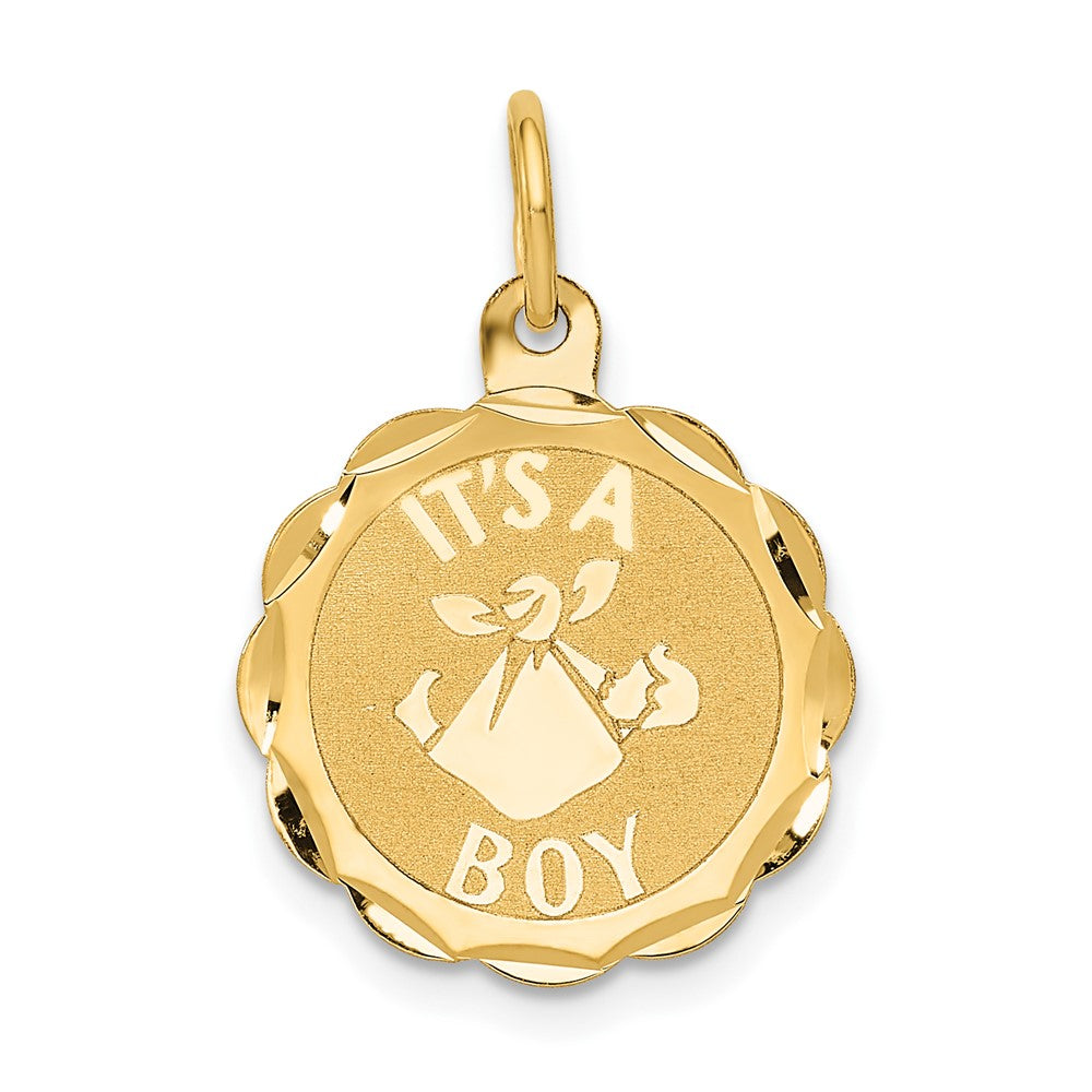14k Yellow Gold Polished IT'S A BOY Scalloped Disc Engravable Charm Pendant Jewelry Gifts (Length 0.86" Width 0.62")