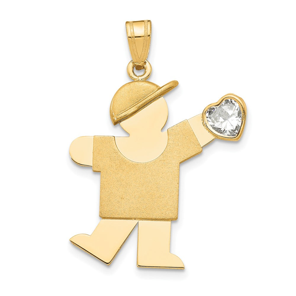 14k Yellow Gold Boy with CZ April Birthstone Engravable Charm Pendant Jewelry Gifts (Length 1.17" Width 0.86")