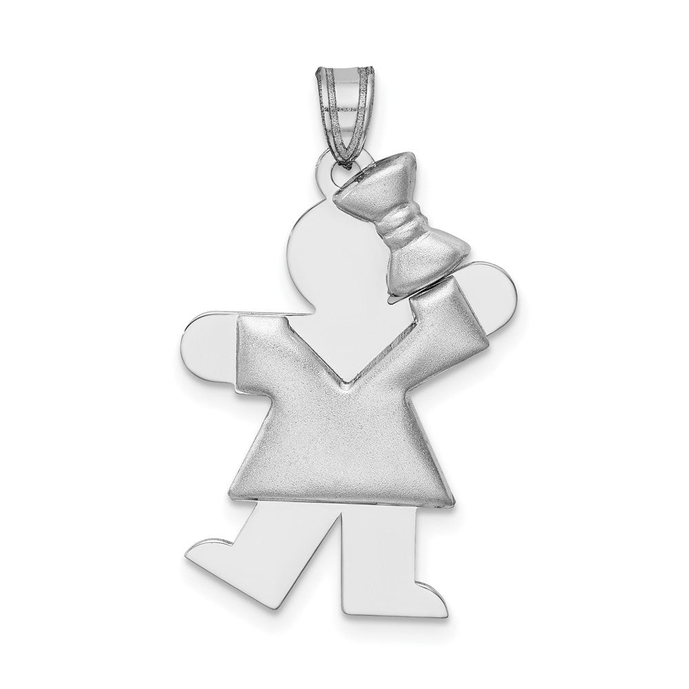 14k White Gold Puffed Girl with Bow on Right Engravable Charm Pendant Jewelry Gifts (Length 1.17" Width 0.78")